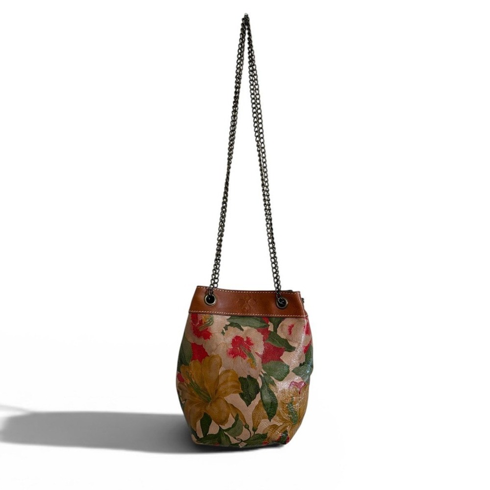 Patricia Nash Floral Leather Bucket Bag Brown Chain Strap Hand Painted Botanical